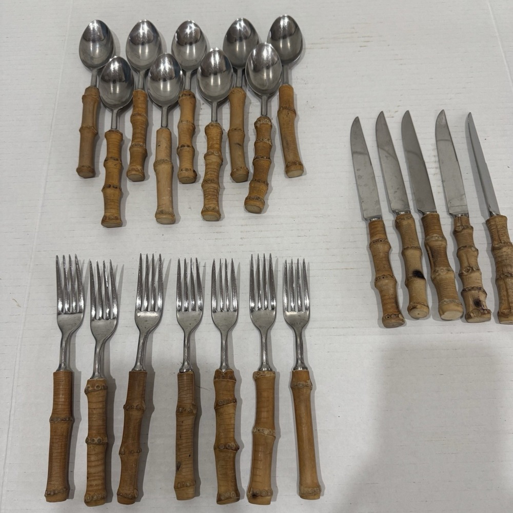 VINTAGE MID-CENTURY AUTHENTIC BAMBOO HANDLE TIKI FLATWARE STAINLESS STEEL JAPAN - Picture 1 of 11